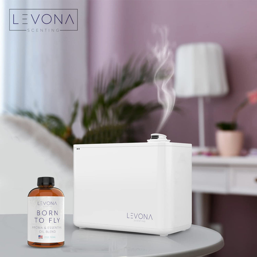 Neck-fit detail shows Levona diffusers compatible with this bottle.