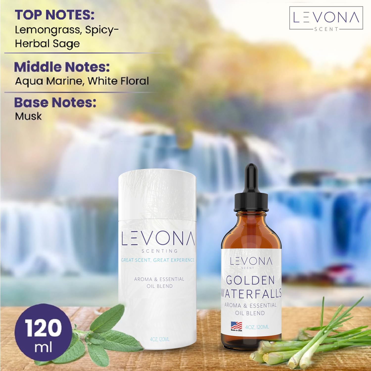 Levona Scent Golden Waterfalls label close-up showing pure essential oil quality.