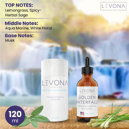 Levona Scent Golden Waterfalls label close-up showing pure essential oil quality.