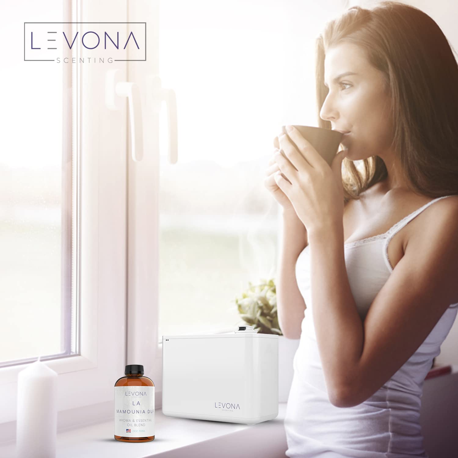 LEVONA SCENT Living room ambiance with diffuser fills space with fresh, balanced scent.