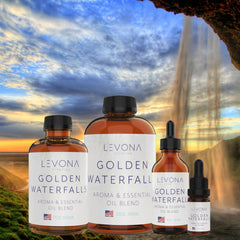 Levona Scent Golden Waterfalls bottle in a luxe spa setting for relaxation.