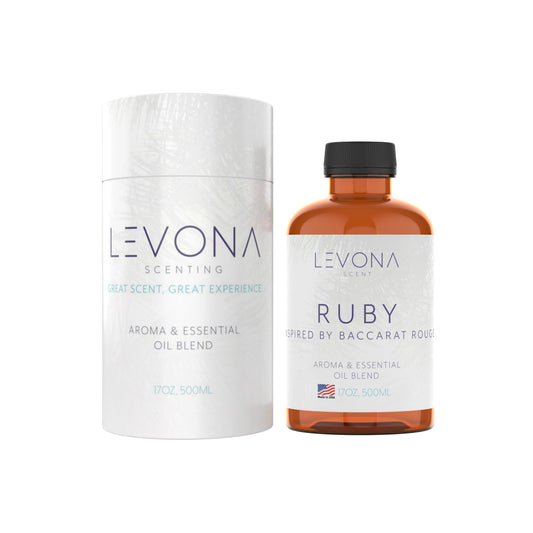 Levona Scent Ruby bottle close-up shows premium essential oil for diffusers offering a long-lasting aroma.