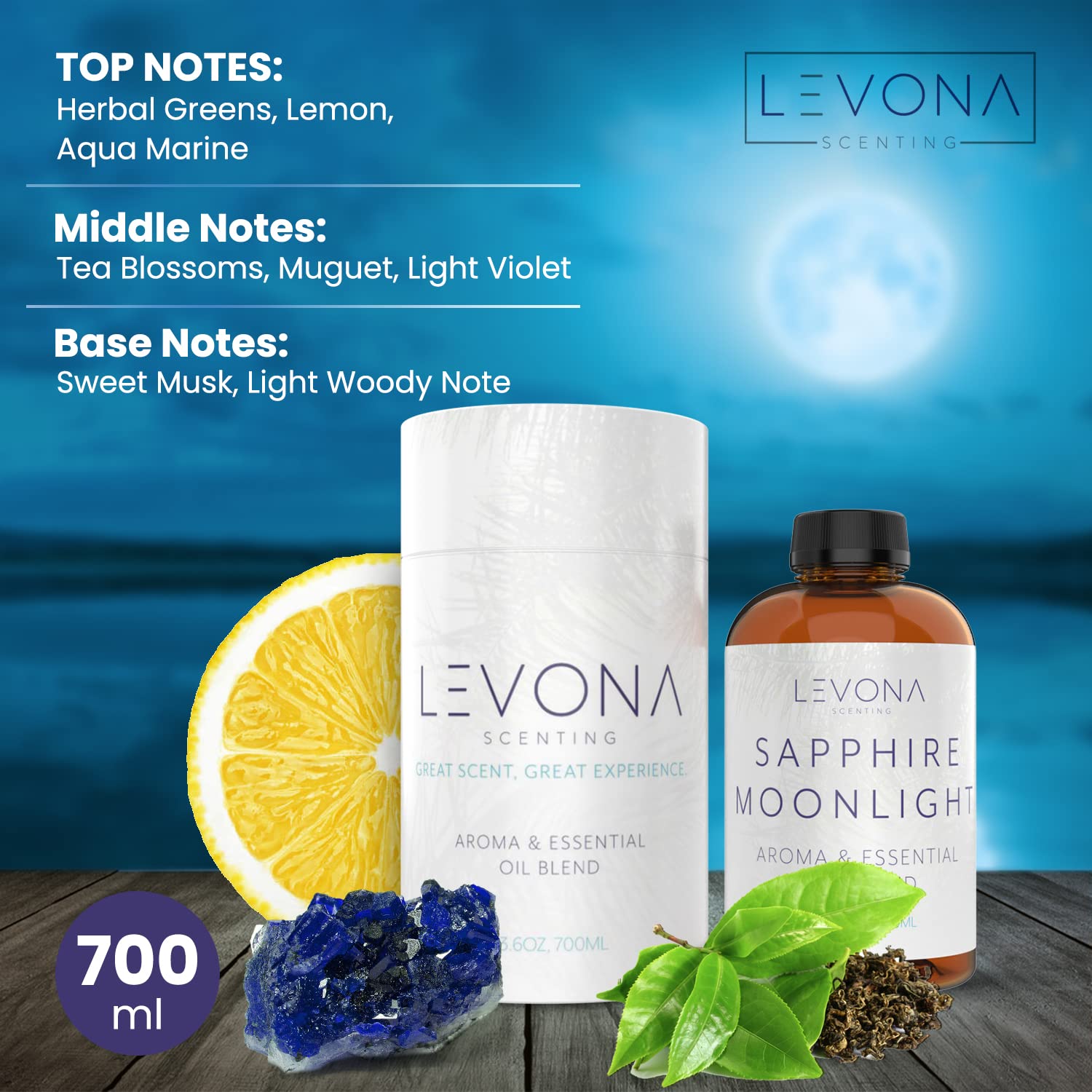 LEVONA Scent Sapphire-Moonlight label-closeup highlights pure essential oils for safe diffusing.