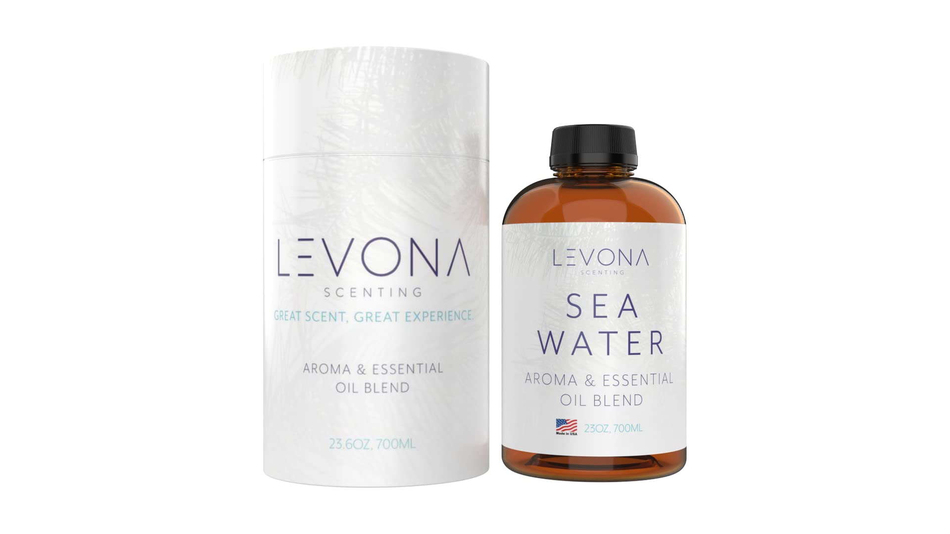 Levona Scent Sea Water bottle closeup highlighting pure essential oil quality for diffusers