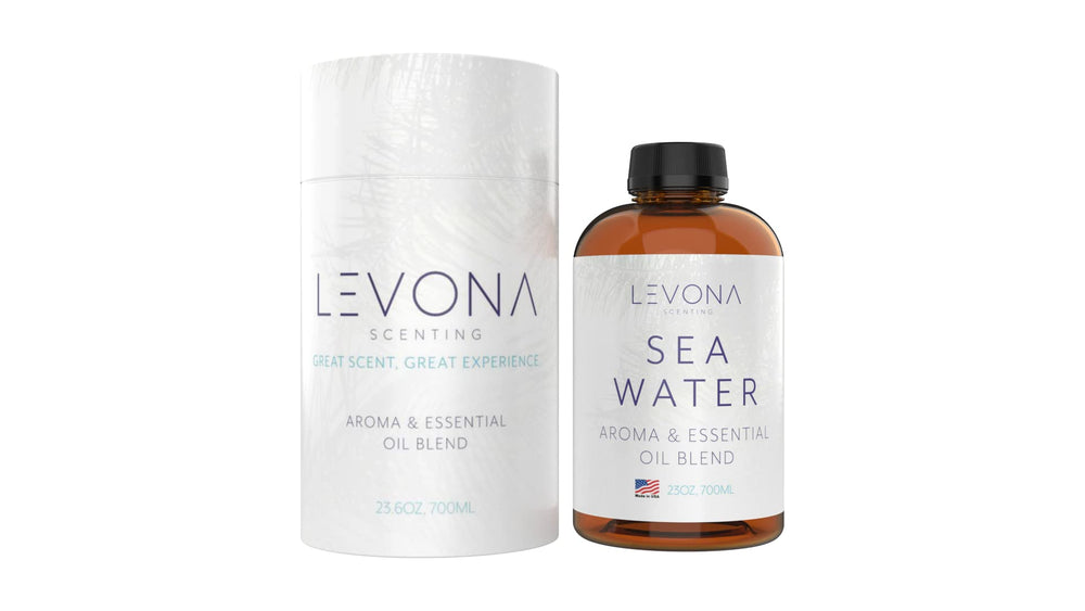 Levona Scent Sea Water bottle closeup highlighting pure essential oil quality for diffusers