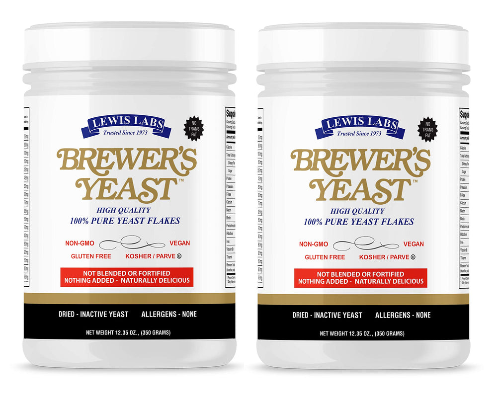 Lewis Labs Brewer's Yeast Flakes bottle highlights vegan protein and amino acids for daily wellness.
