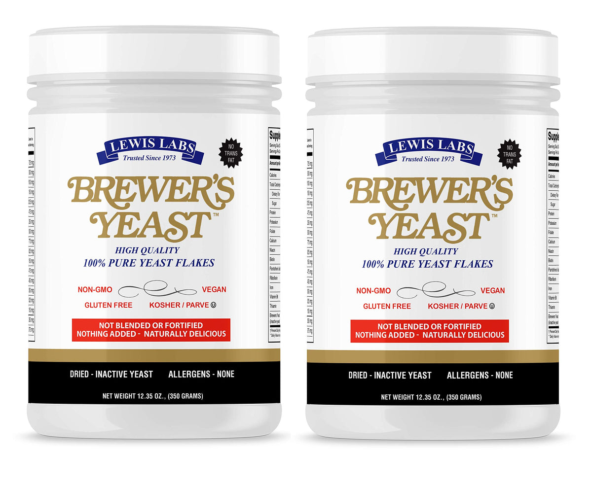 Lewis Labs Brewer's Yeast Flakes bottle highlights vegan protein and amino acids for daily wellness.