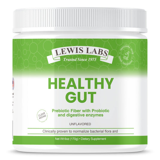 Lewis Labs Healthy Gut bottle showing probiotic fiber blend for digestion and absorption
