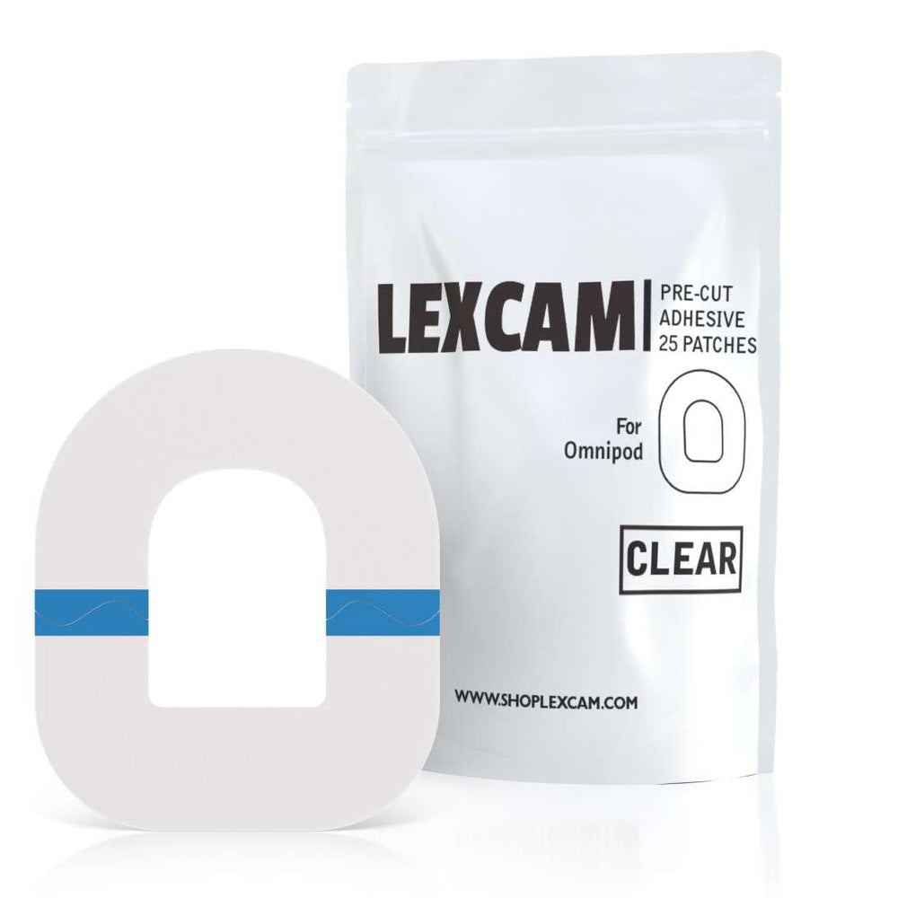 Lexcam Omnipod 5 patch closeup showing secure, discreet wear for daily activity.