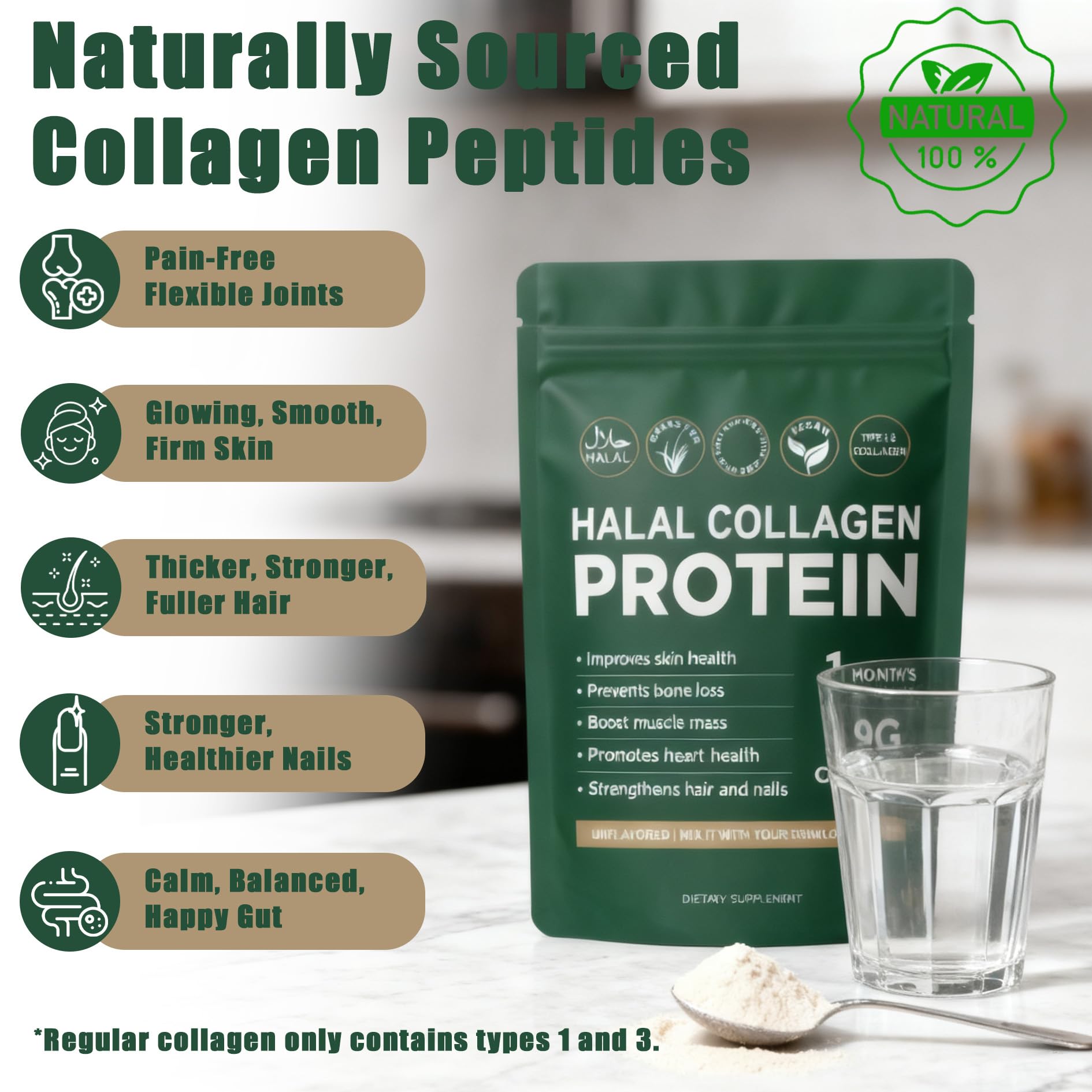 Lexenic Halal collagen powder dissolving in water for tasteless, effortless nutrition