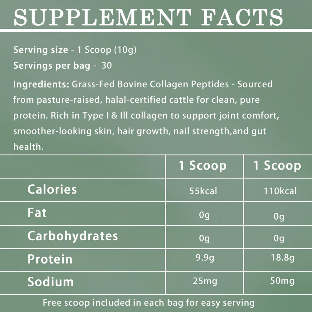Lexenic Halal collagen powder ingredients label showing grass-fed, non-GMO hydrolyzed collagen