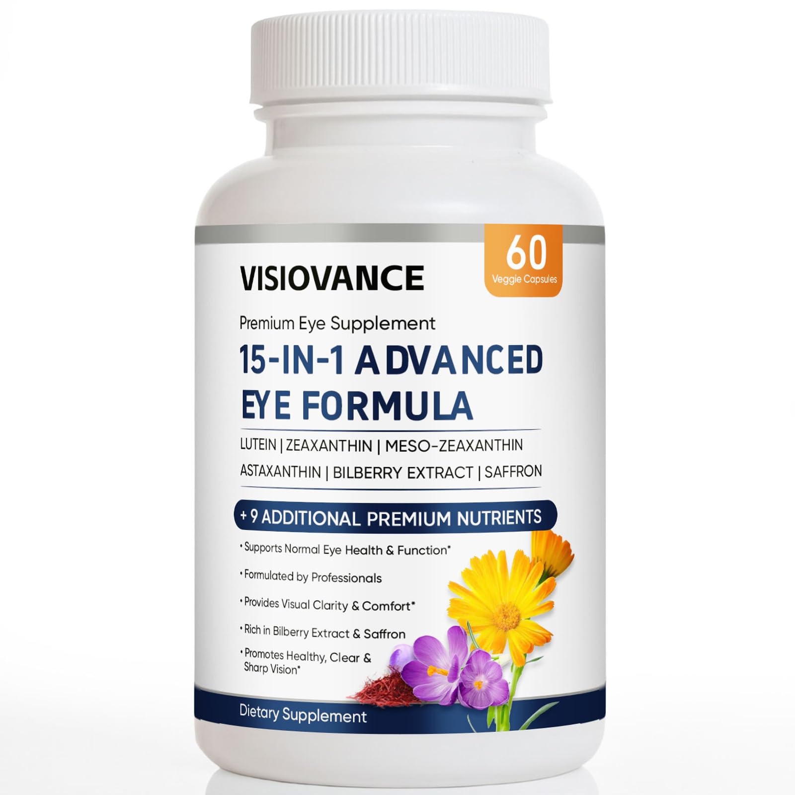 Lexenic VisioVance bottle front displaying 15-in-1 formula for daily visual comfort