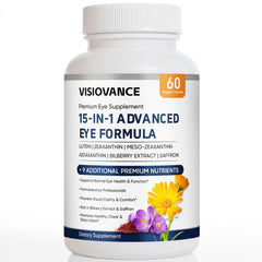 Lexenic VisioVance bottle front displaying 15-in-1 formula for daily visual comfort