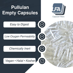 LFA Size 0 vegan pullulan capsules in bottle for easy storage and use.