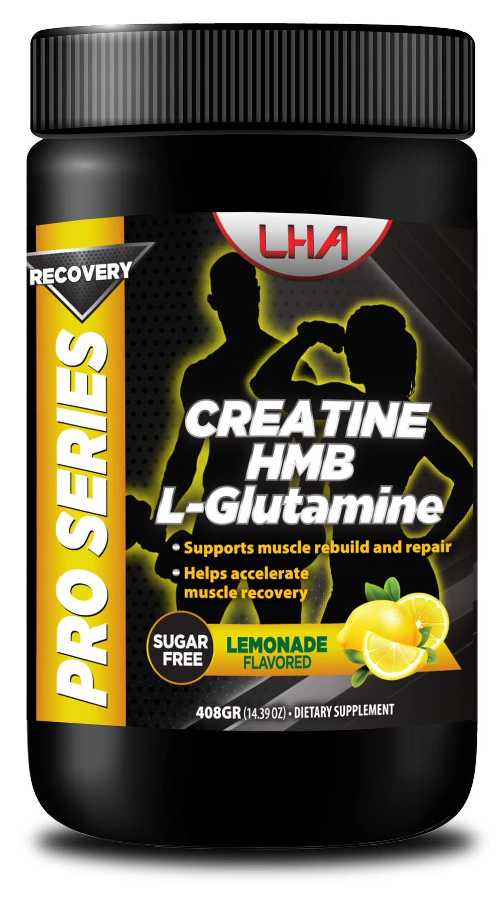 LHA Pro Series Recovery Creatine bottle front with lemon flavor for post workout recovery
