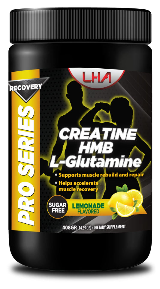 LHA Pro Series Recovery Creatine bottle front with lemon flavor for post workout recovery