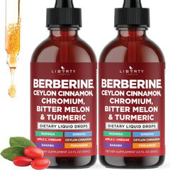 Liberty Lifestyle berberine-cinnamon liquid drops bottle close-up showing daily wellness support.