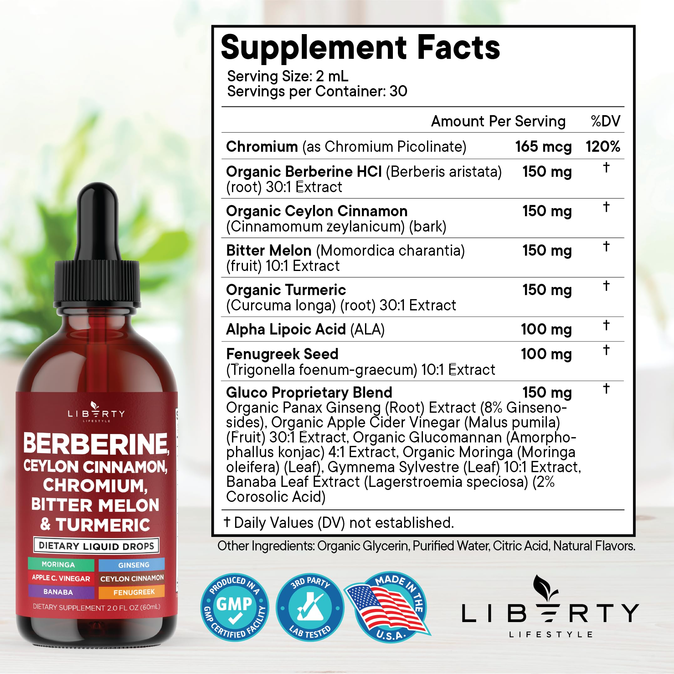 Liberty Lifestyle berberine-cinnamon liquid drops label close-up highlighting a natural ingredient blend for daily use.