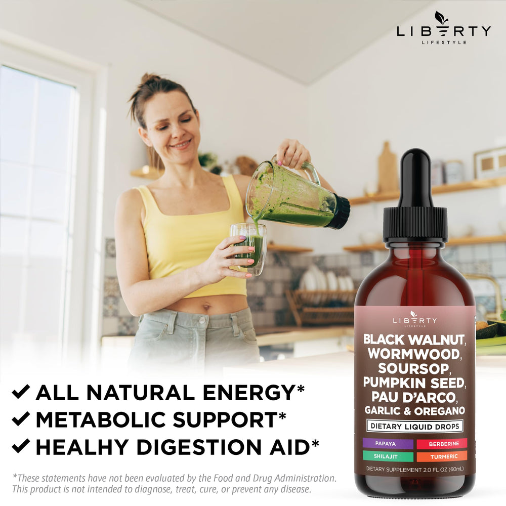 Liberty Lifestyle Defend black walnut bottle with garlic oil label for immune-support blend.