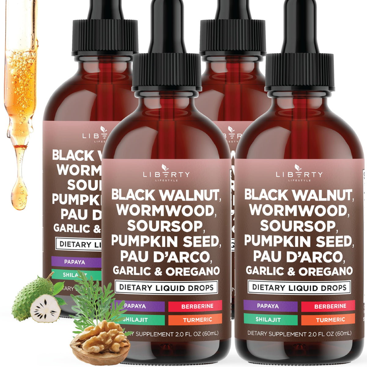 Liberty Lifestyle Defend wormwood bottle pour for easy daily dosing in a herbal tincture
