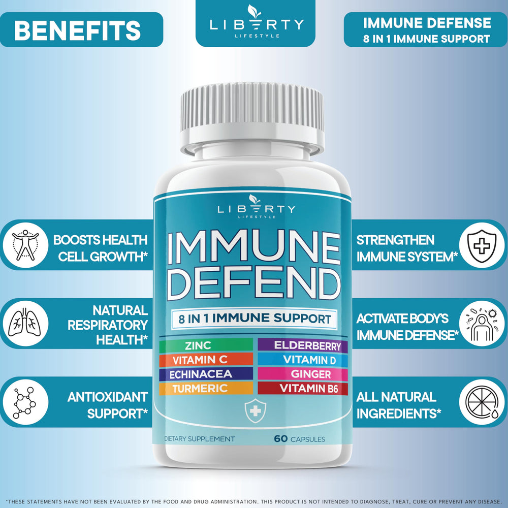 Liberty Lifestyle echinacea vitamin C zinc blend on label for natural immune support.