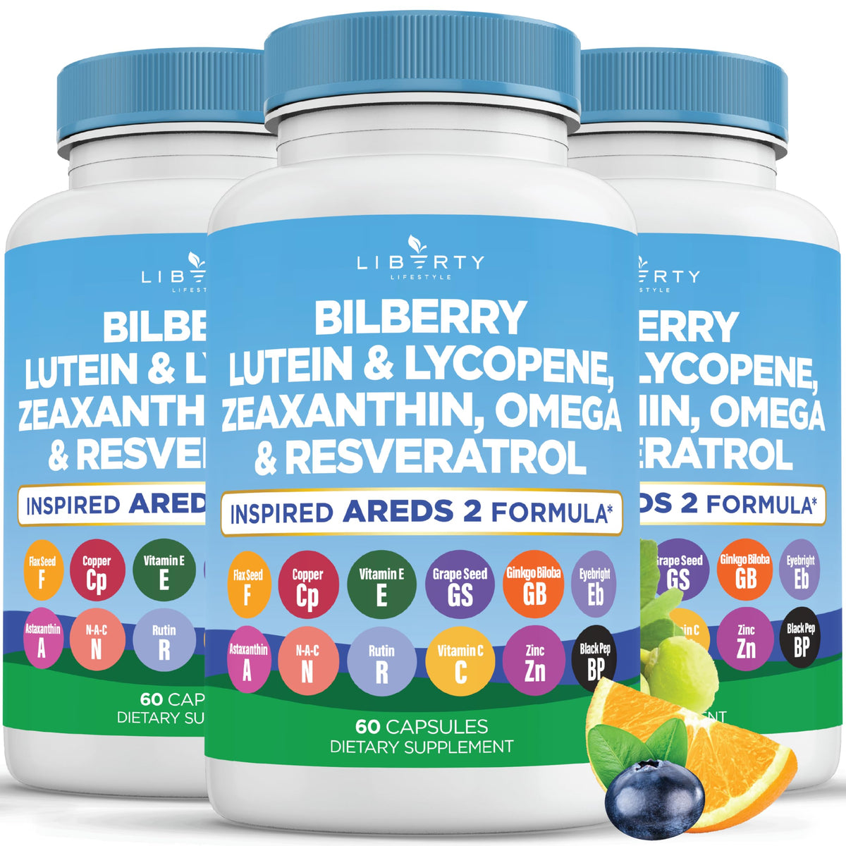 Liberty Lifestyle Eye Health bottle with bilberry focus supports daily eye wellness.