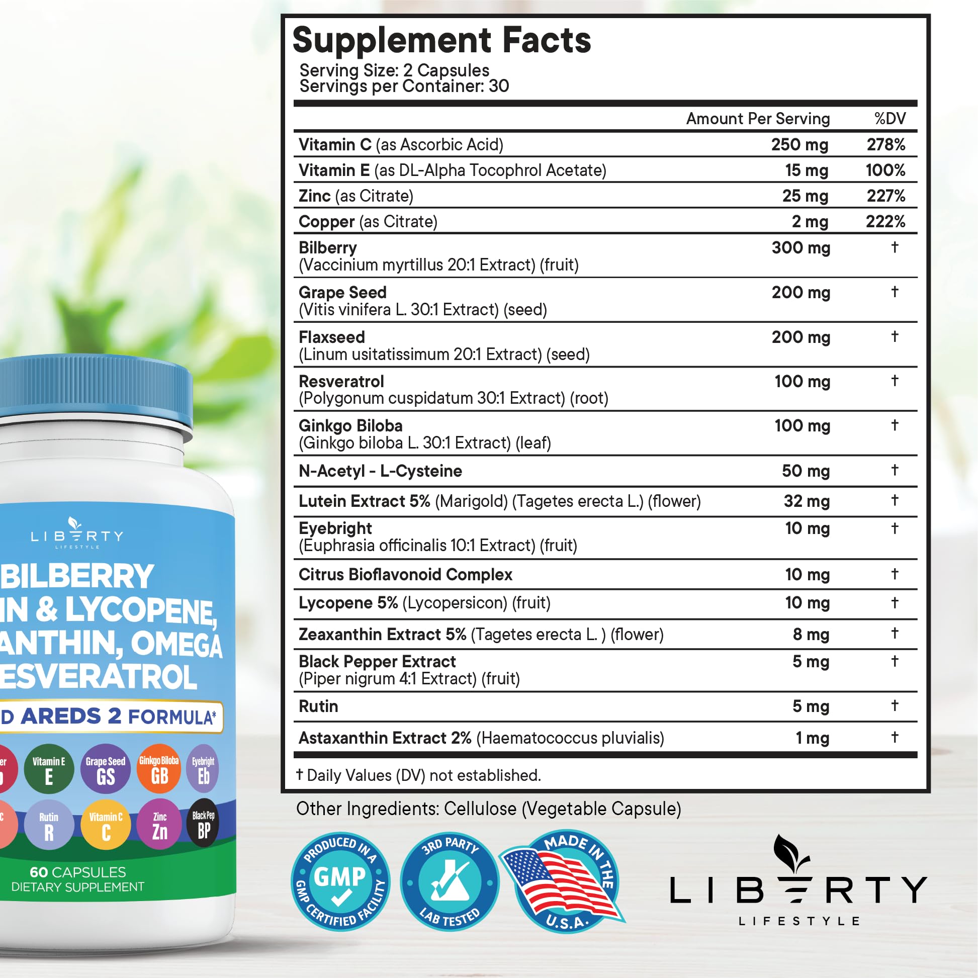 Liberty Lifestyle Eye Health capsules with lutein and zeaxanthin offer antioxidant support for vision.