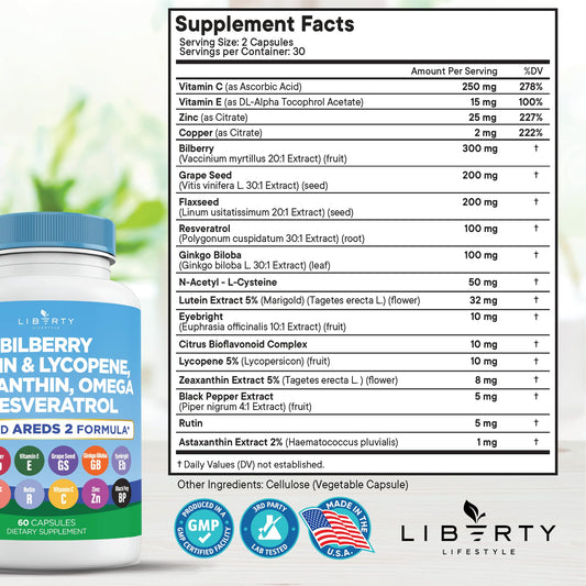 Liberty Lifestyle Eye Health capsules with lutein and zeaxanthin offer antioxidant support for vision.