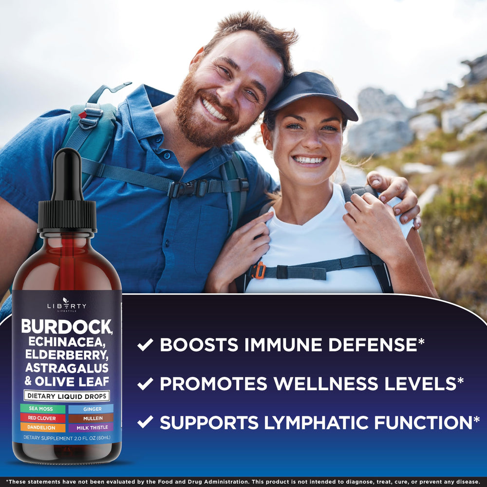 Liberty Lifestyle bottle close-up showing herbal ingredients backing immune wellness