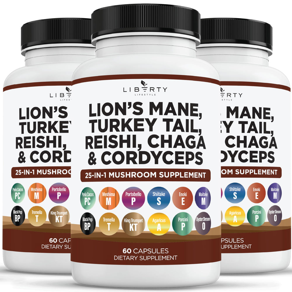 Liberty Lifestyle Lions Mane bottle label highlighting a premium mushroom blend for daily wellness.