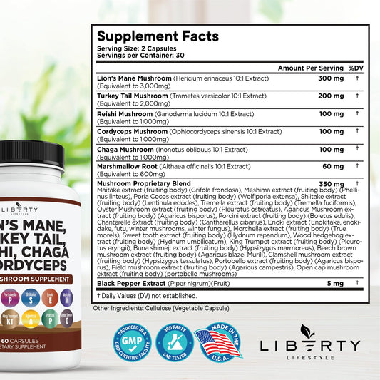 Liberty Lifestyle Turkey Tail capsules closeup showing daily focus potential