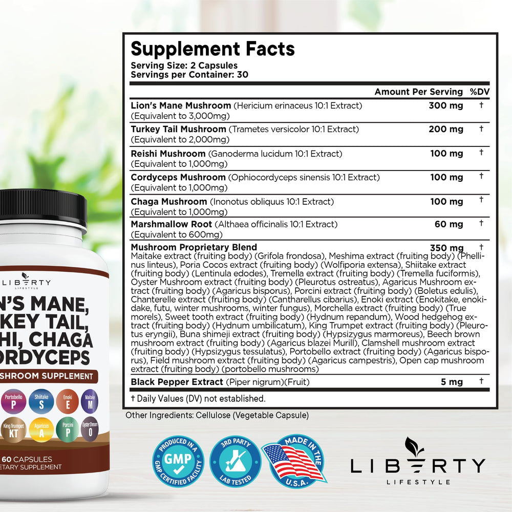 Liberty Lifestyle turkey tail capsules ready for daily supplement routine.