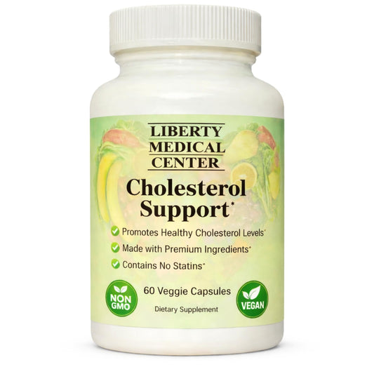 Liberty Medical Center cholesterol supplement bottle front for heart and liver support.