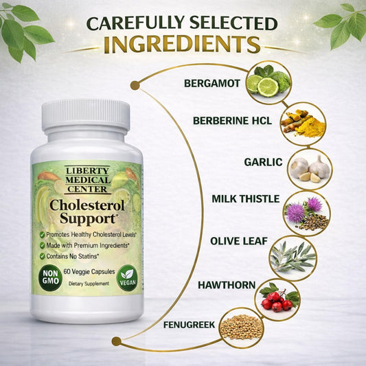 Liberty Medical Center label close-up highlighting Bergamot and Berberine ingredients.