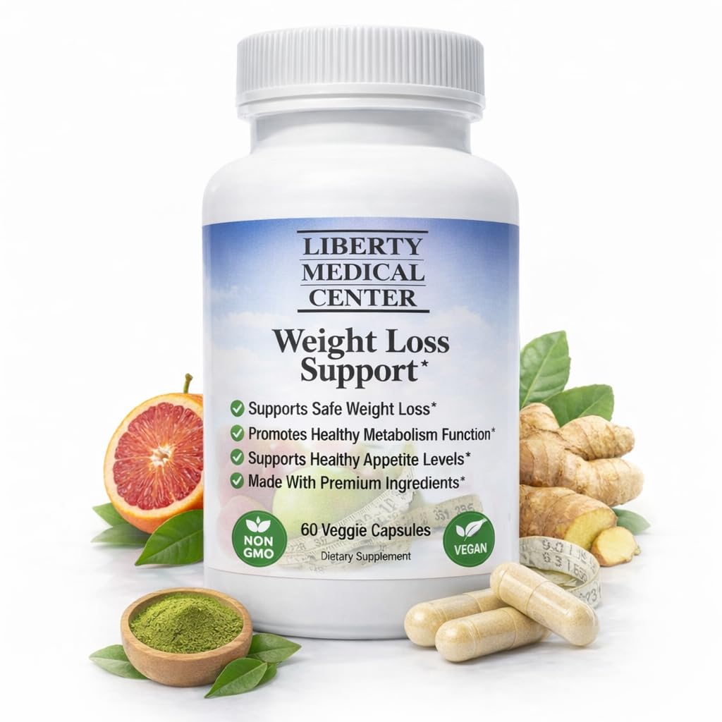 Liberty Medical Center weight loss supplement bottle front highlights doctor-backed vegan formula for appetite support