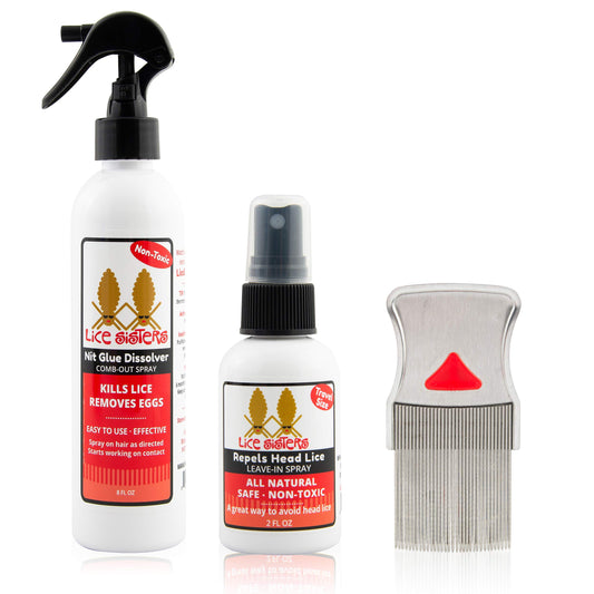 Lice Sisters Nit Glue Dissolver spray bottle for rapid lice removal and egg glue breakdown.