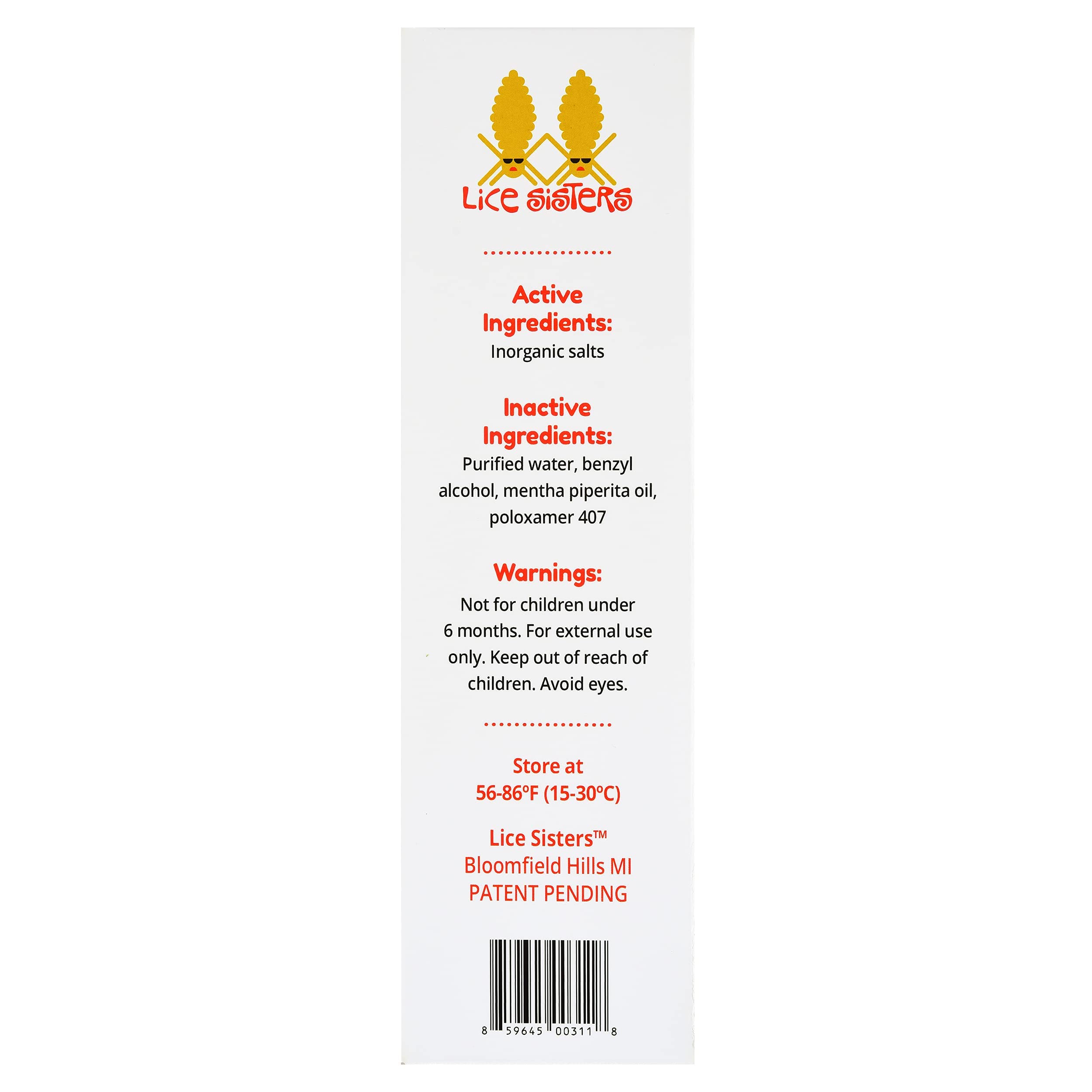 Patent information badge on Lice Sisters packaging
