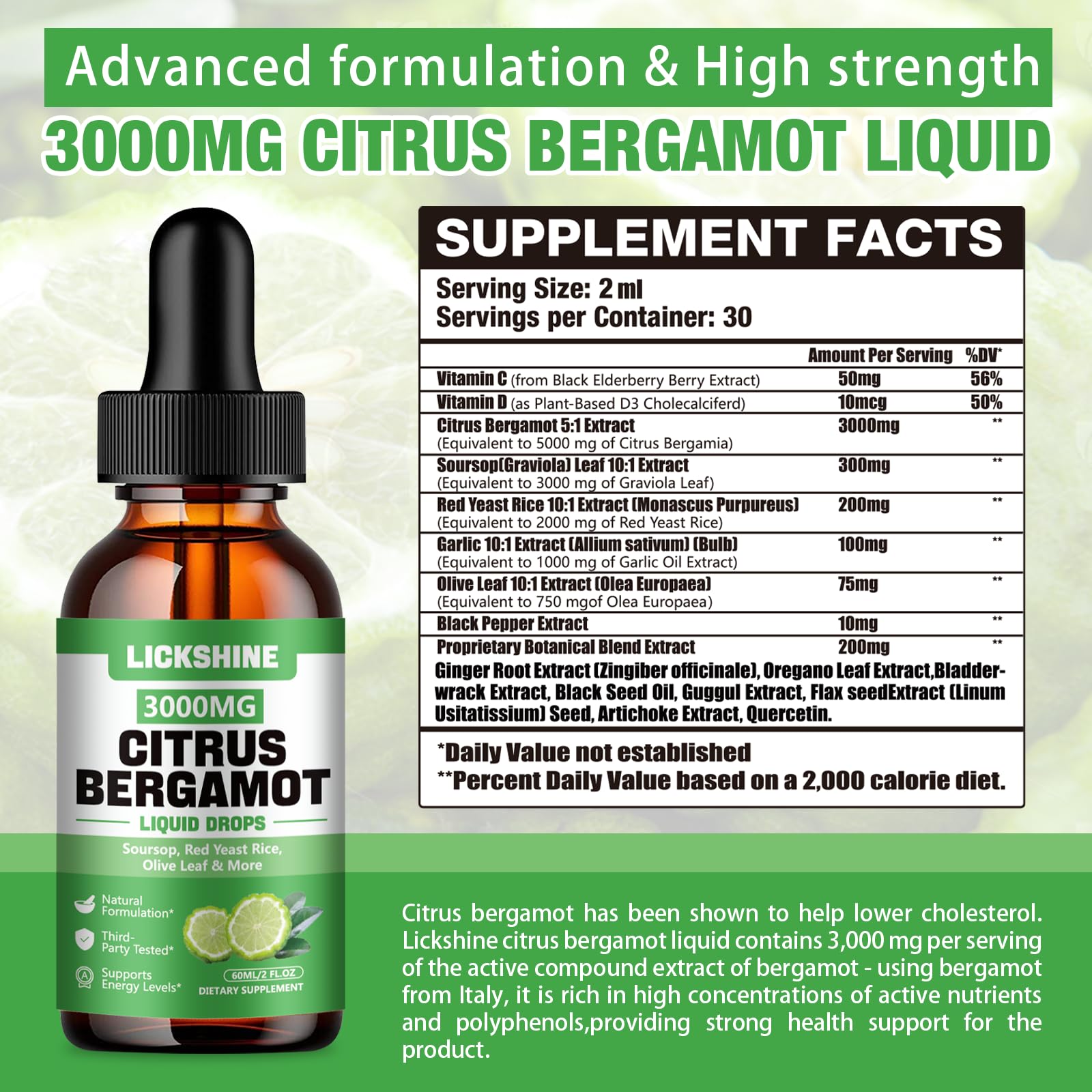 Lickshine dropper closeup shows bergamot liquid drops for easy, on-the-go supplementation.