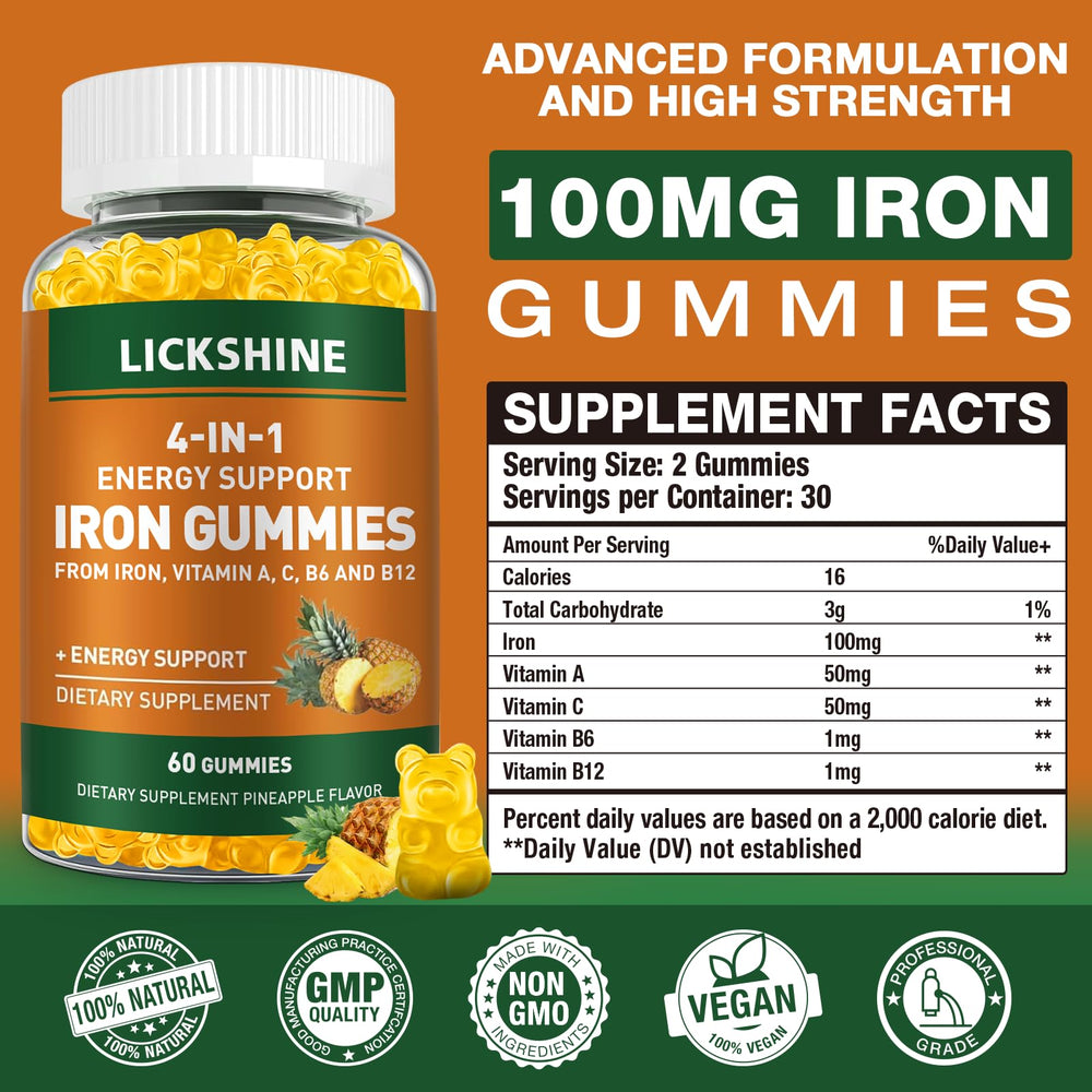 Lickshine iron gummies closeup, tasty pineapple-flavored gummies
