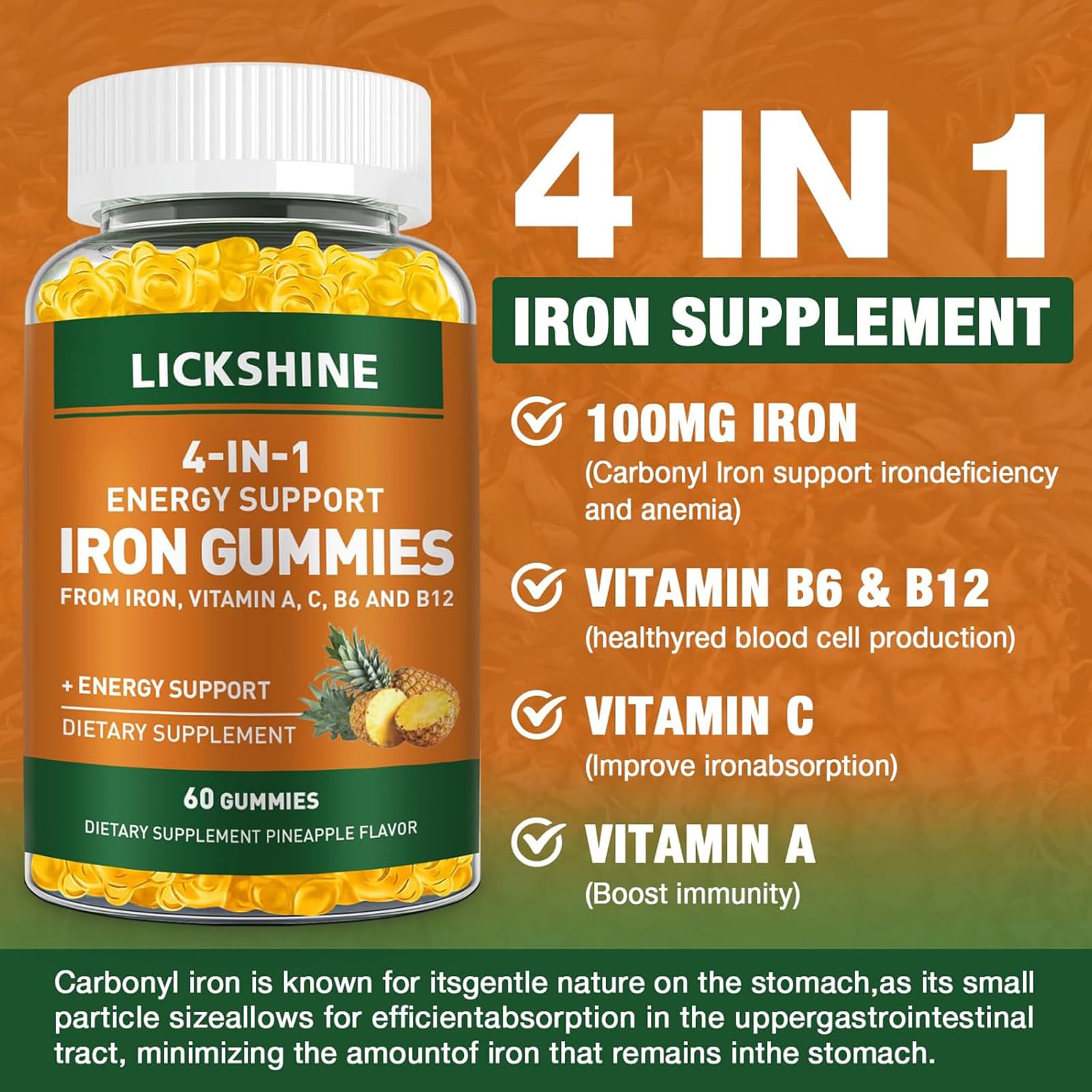 Lickshine iron gummies label closeup, shows vitamin C and minerals for absorption