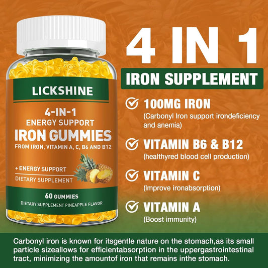 Lickshine iron gummies label closeup, shows vitamin C and minerals for absorption