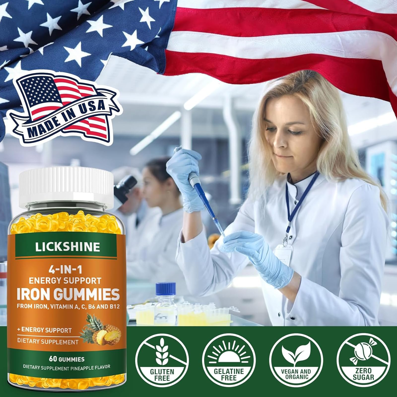 Lickshine iron gummies serving idea, on-the-go pineapple flavored supplement