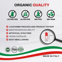 Licofarma Organic Lycopene made in Italy label highlighting origin and craftsmanship.