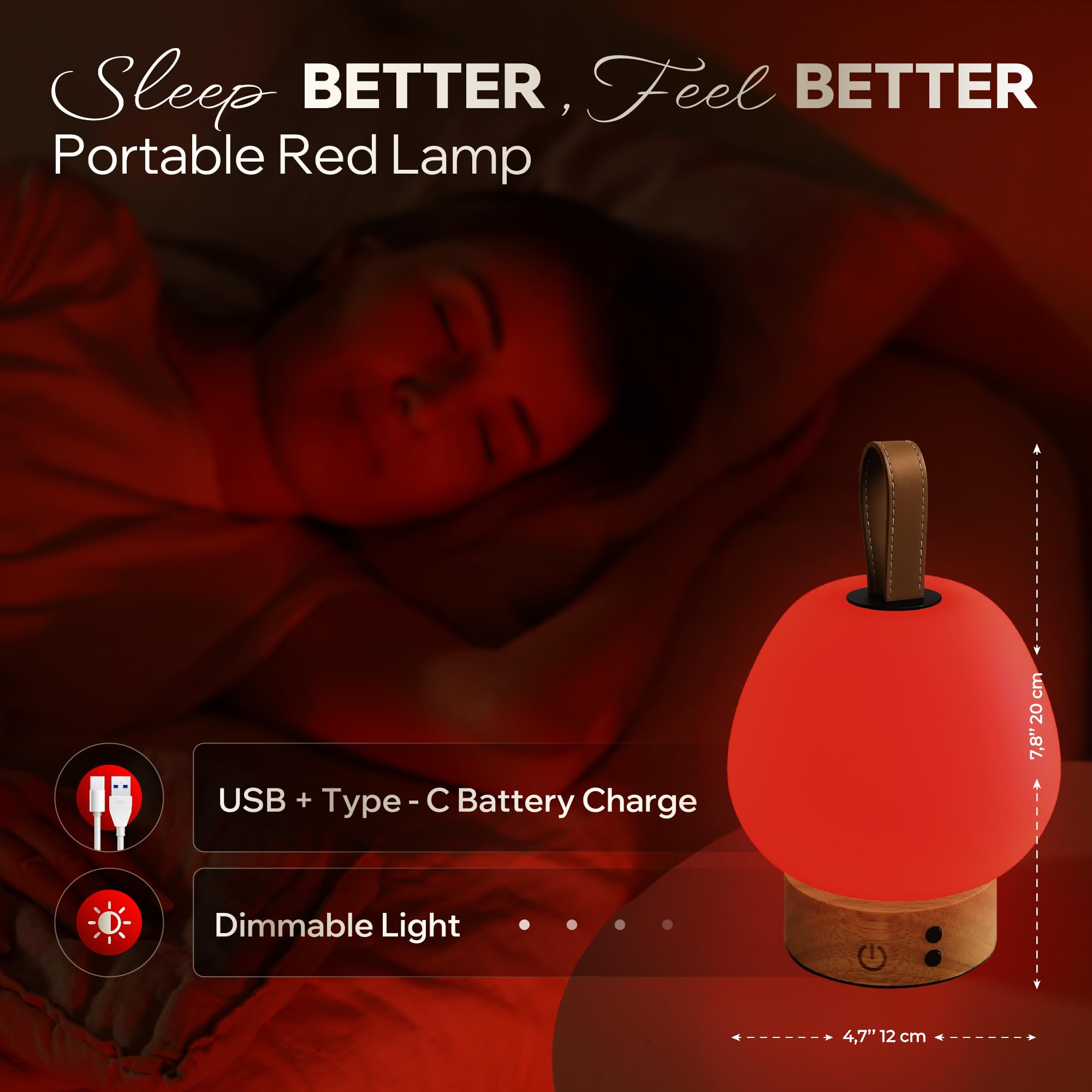 Liderstar cordless red light lamp shown unplugged for portable travel or nursery use