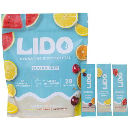 LIDO electrolyte packets close-up showing clean ingredients for daily hydration