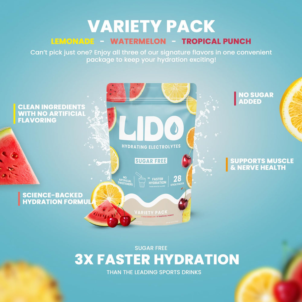 LIDO electrolyte packets dissolving in water for quick zero-sugar hydration