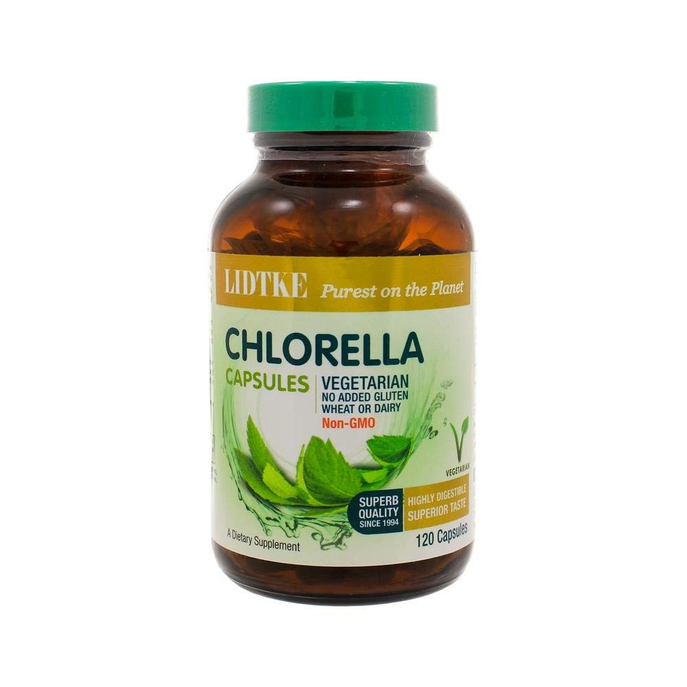 Lidtke Chlorella 120c bottle with compact green capsules for daily greens.