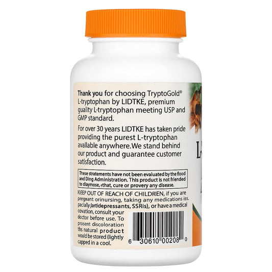 Lidtke L-Tryptophan capsules close-up label showing natural relaxation potential.