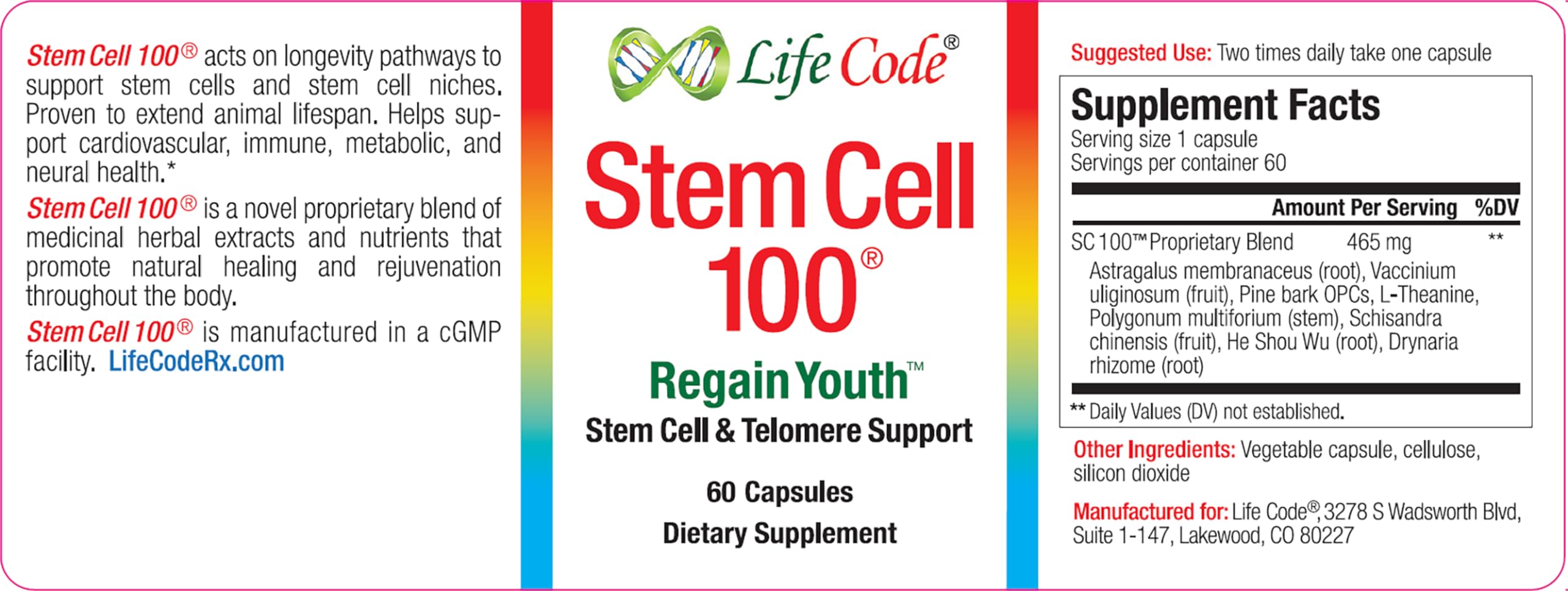 Life Code Stem Cell 100 capsules closeup for daily energy and joint support.