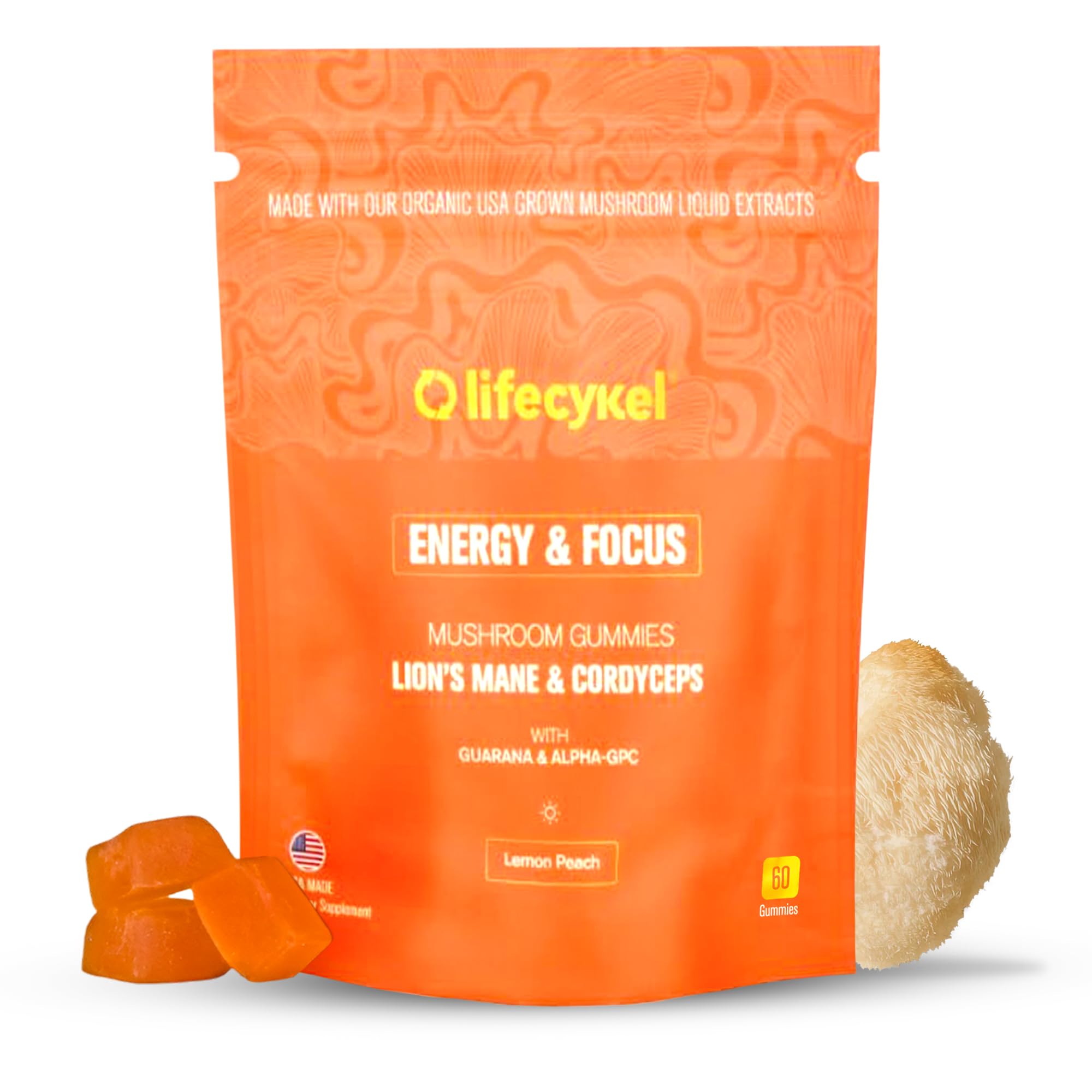 Life Cykel AM gummies bottle poured for steady focus and clean energy.